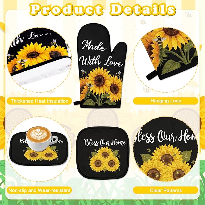 Tieshankao 10Pcs Sunflower Kitchen Decor Accessories Set | Sunflower Floral Theme, Kitchen Towels, Oven Mitts, Pot Holders, Rugs and Mats, Baking Supplies, Housewarming Gifts