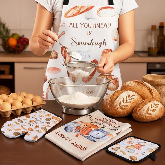 Hahafelt 5 Pcs Sourdough Gifts: Apron Kitchen Towels Oven Mitt Pot Holder | Sourdough Baking Gift Set for Bakers, Bread Lovers, Women