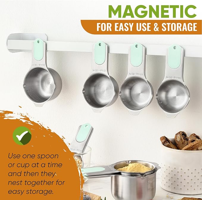 Spring Chef Magnetic Measuring Cups & Spoons Set of 15, Patented, Mint | Stackable Stainless Steel Measuring Cups & Heavy Duty Metal Measuring Spoons with Levelers for Dry & Liquid Ingredients