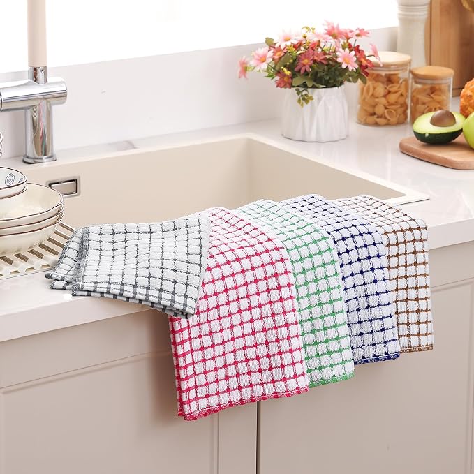 Homaxy Kitchen Towels and Dishcloths Set (16”x 25” and 12”x 12”, 12 Pack) | Cotton Terry Kitchen Dish Towels, Super Soft and Absorbent Dish Cloths, Black/Grey/Yellow/Green