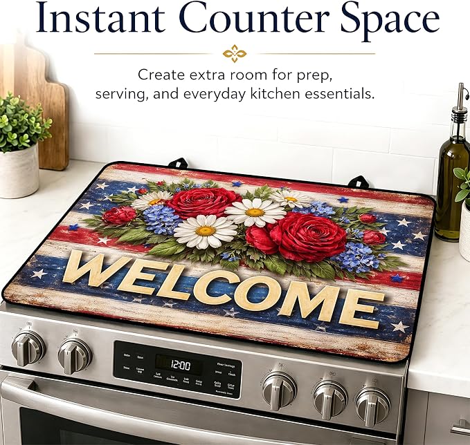 Patriotic Electric Stove Top Cover | Heat Resistant Glass Cooktop Protector for Kitchen Ceramic Countertops, Multiuse Stove Cover and Dish Drying Mat