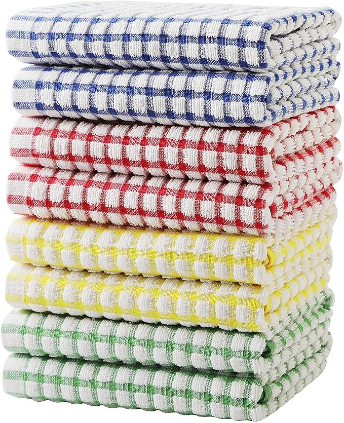 Cotton Kitchen Towels 8 Pack, 15x26 Checkered Dish Towels | Highly absorbent terry cloth towels for drying dishes, wiping spills, and kitchen cleaning. Machine washable and quick dry