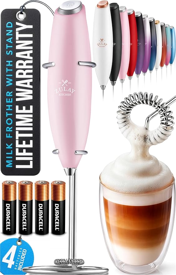 Zulay Kitchen Powerful Milk Frother Wand With Duracell Batteries - Ultra Fast Handheld Drink Mixer - Electric Whisk Foam Maker for Coffee, Lattes, Cappuccino & Matcha - Z1 Motor - Cotton Candy