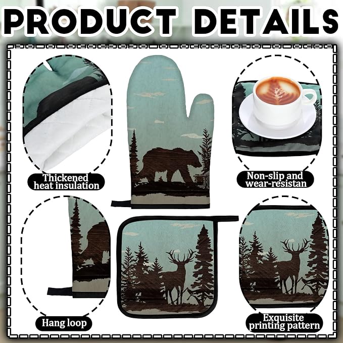 Fourluoo 10 Pcs Farmhouse Kitchen Decor Set Dish Towels Kitchen Rugs Oven Mitts and Pot Holders for Cooking Baking Grilling Women Mom Daughter Gift(Brown,Green,Forest)