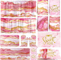 Fourluoo 16 Pcs Pink Marble Kitchen Decor Set 4 Marble Kitchen Towels 2 Non Slip Rugs and Mats for Floor 2 Pink Oven Mitts Gloves 2 Pot Holders 4 Placemats 2 Gold Curtains for Home Decoration Gift