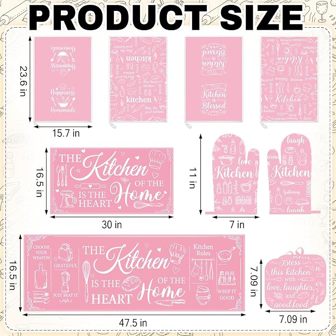 10 Pcs Kitchen Decor and Accessories Set, Pink Retro | Baking Cute Happiness 4 Dish Towels Kitchen Rugs 2 Oven Mitts 2 Pot Holders, Home Decor for Cooking Baking BBQ Housewarming