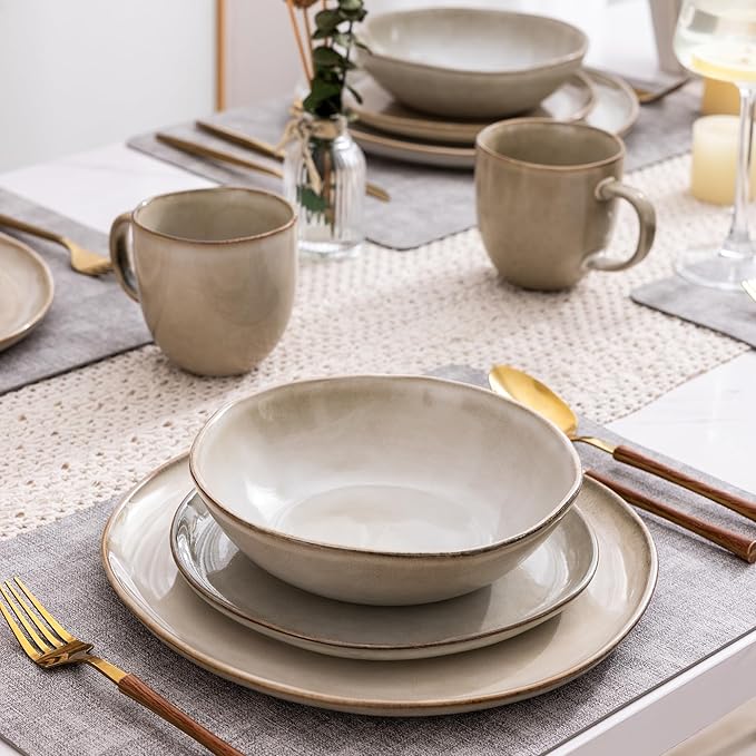 AmorArc Ceramic Dinnerware Sets for 4, 12Pcs Plates and Bowls Sets Dishes | Stoneware Handmade Reactive Glaze Dinner Set, Highly Scratch Resistant | Dishwasher & Microwave Safe Dishware-Cappuccino