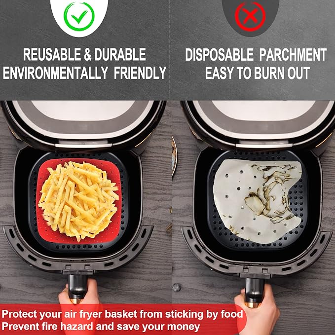 Upgrade Reusable Air Fryer Liners with Raised Silicone | Patented Product | BPA Free Non-Stick Air Fryer Mats | Air Fryer Silicone Tray Accessories | 2 Size Options – 9 Inch Square