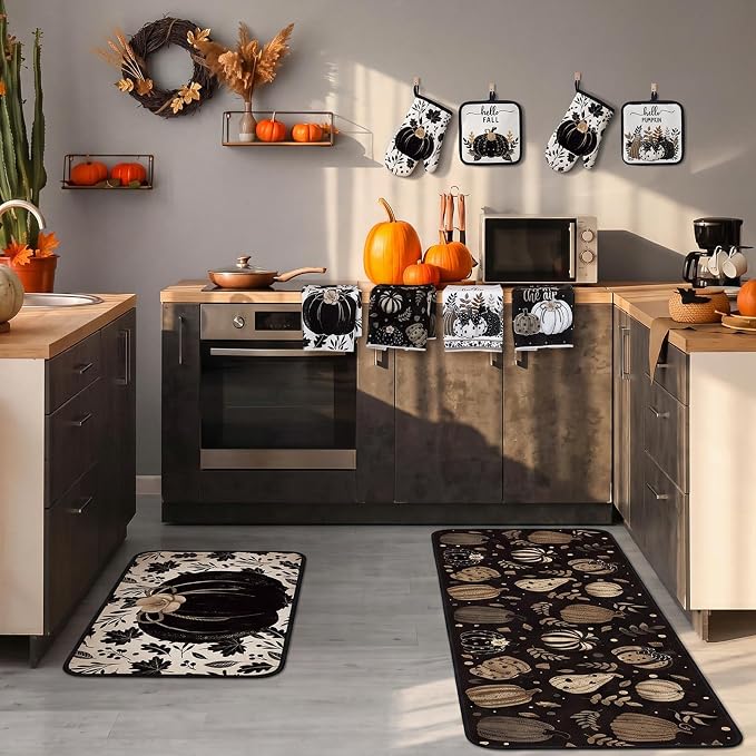 Fanfanwin 10 Pcs Fall Black Pumpkin Kitchen Decor Set Kitchen Towels Pot Holders Oven Mitts and Rugs Set Thanksgiving Towels for Cooking Baking Gift Harvest Autumn Home Decor