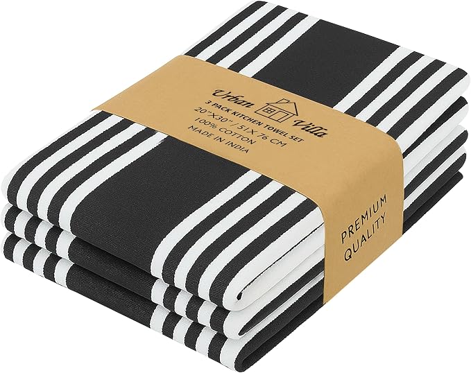 Urban Villa Kitchen Towels Cotton Dish Towels 20”x30” (Set of 3) Black