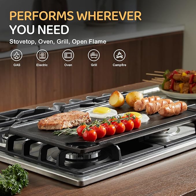 EWFEN Reversible Grill/Griddle, 16.7x9.5'' Pre-Seasoned Cast Iron Griddle Pan, Double Burner Cookware, Rectangular Stovetop Griddle with Handles, Flat Top Plate for Oven, Grill & Campfire