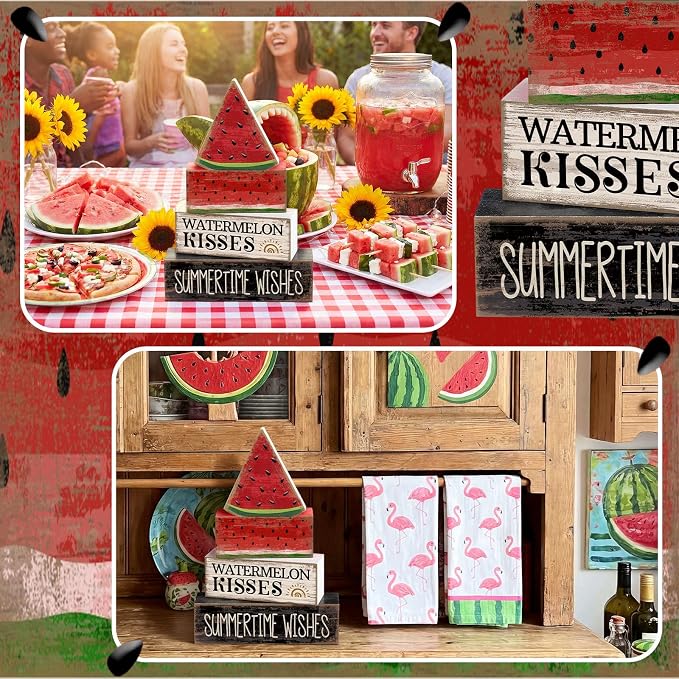 Lineshading 4 Pcs Summer Table Decor Wooden Watermelon Tiered Tray Decor | Stackable Summer Home Decoration, Rustic Tabletop Piece for Birthday Party, Watermelon Kisses Summertime Wishes Signs