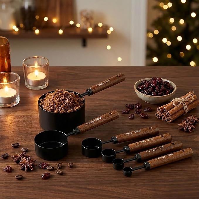 Measuring Cups and Spoons Set, 8PCS Stainless Steel Metal Measuring Cups, Walnut Wood Handle, Black Plated, For Dry and Liquid Ingredients