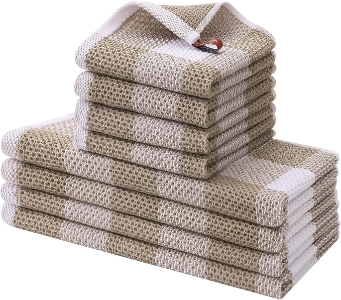 Homaxy Kitchen Towels and Dishcloths Set, Set of 8, White & Khaki | Bulk Cotton Waffle Weave Check Plaid Kitchen Towels, Super Soft and Absorbent Dish Cloths, 12 x 12 and 13 x 28 Inches