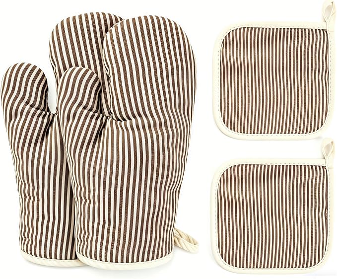 4Pcs Oven Mitts and Pot Holders, Heat Resistant Oven Mitts Set with Pothholder,Heat Resistant Microwave Gloves Safe for Baking,Cooking, BBQ (Khaki)