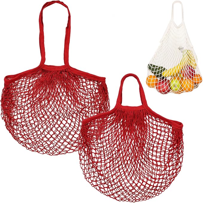 M METERXITY 2-Pack Cotton Mesh Bag, Reusable Washable Mesh Net String Grocery Bags, Reusable Produce Bags with Handle, Net Tote Bag for Fruits/Vegetables Shopping [Red, Long&Short Handle]