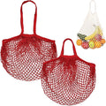 M METERXITY 2-Pack Cotton Mesh Bag, Reusable Washable Mesh Net String Grocery Bags, Reusable Produce Bags with Handle, Net Tote Bag for Fruits/Vegetables Shopping [Red, Long&Short Handle]