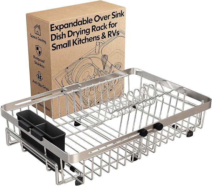 Dish Drying Rack Over The Sink with Utensil Holder | Expandable Stainless Steel Dish Drainer for Small Kitchen, Apartment, RV, Counter Space Saving, Perfect Fit, Rustproof