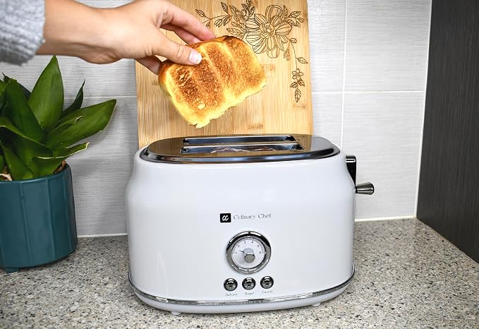 CULINARY CHEF, 2 Slice Toaster, Retro Style, Wide Slot for Bread, English Muffins, Croissants, and Bagels, 6 Adjustable Toast Settings, Cancel and Defrost, 900w, White