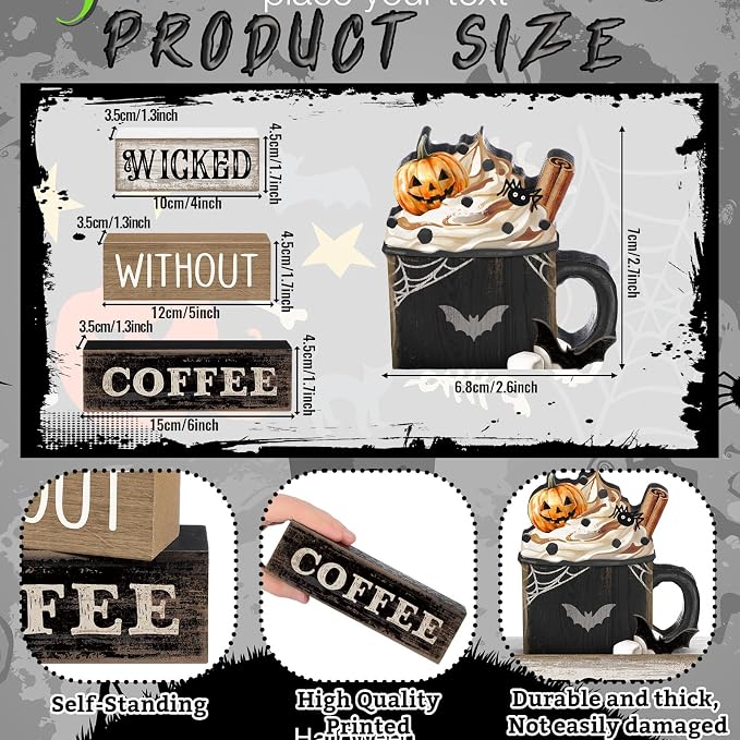 Lineshading 4 Pcs Halloween Coffee Table Decor, Gothic Black Wood Sign Home | Gothic Black Mug with Pumpkin Spider, Halloween Coffee Bar Centerpiece, Rustic Wood Stacked Sign, Holiday Kitchen Shelf Decor