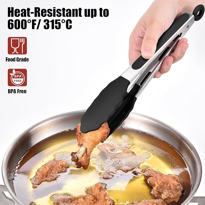 Doosu Kitchen Tongs with Silicone Tips for Cooking Serving (9in, Black) | 600°F Heat Resistant Food Tong, Heavy Duty Stainless Steel Locking Tong for BBQ, Grilling Steak, Salad, Toast, Pasta