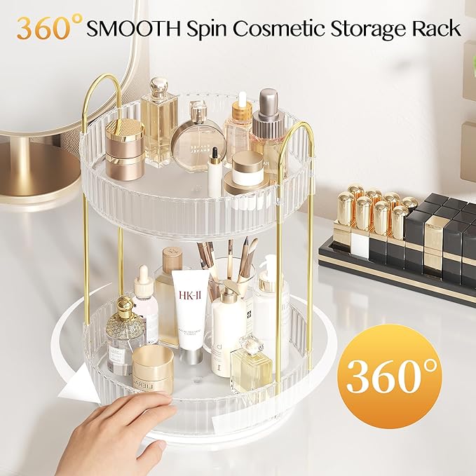 Rotating Makeup Organizer Countertop, Skincare Organizers | Spinning Perfume Tray Stand, Makeup Storage Organizer for Vanity, Bathroom Organizer and Storage, Lazy Susan, 2 Tier, Clear