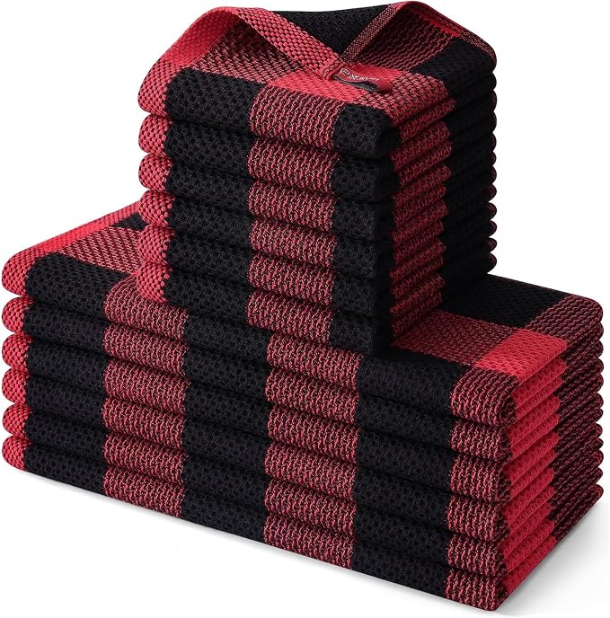 Homaxy Kitchen Towels and Dishcloths Set, Set of 12, Black & Red | Bulk Cotton Waffle Weave Check Plaid Kitchen Towels, Super Soft and Absorbent Dish Cloths, 12 x 12 and 13 x 28 Inches