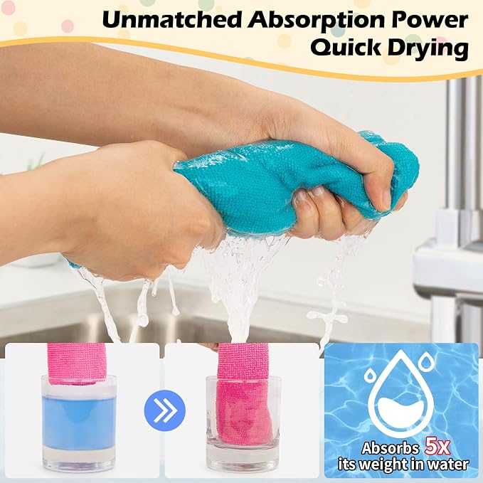 Microfiber Cleaning Cloth, 20 Pack Cleaning Rags, Cleaning Towels for Housekeeping, Kitchen, Car, Lint-Free, Reusable Shop Towels with 5 Colors (Green/Blue/Yellow/Orange/Pink), 12"X12"