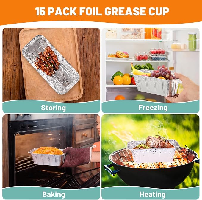 15-Pack Grease Cup Liners + Metal Griddle Grease Catcher Compatible with Blackstone Griddle, Aluminum Foil Drip Pan Grease Catcher Cup Liner for Blackstone Griddle 17, 22, 28, 36 Inch