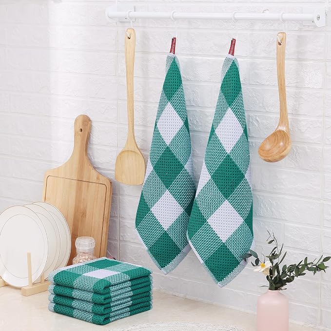 Homaxy Kitchen Towels and Dishcloths Set, Set of 8, White & Teal | Bulk Cotton Waffle Weave Check Plaid Kitchen Towels, Super Soft and Absorbent Dish Cloths, 12 x 12 and 13 x 28 Inches
