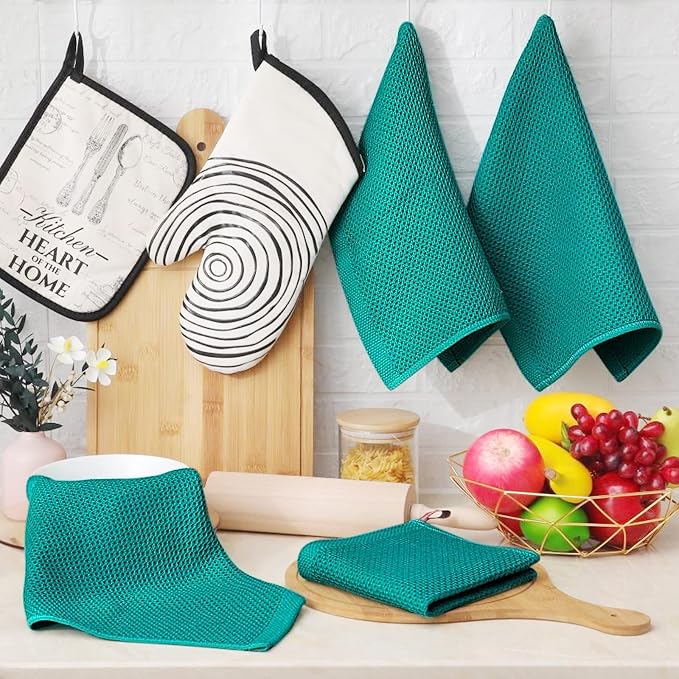 Homaxy 100% Cotton Waffle Weave Kitchen Dish Cloths 8-Pack, Teal | 12 x 12 Inches, Ultra Soft Absorbent Dish Towels, Quick Drying Dish Rags with Hanging Loop