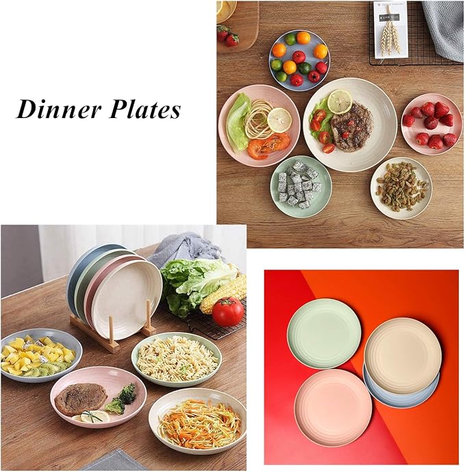 CAMBUY Wheat Straw Plates 8 Pack 8 Inch Reusable Large Dinner Plate Set | Unbreakable Lightweight Dishwasher & Microwave Safe Daily Use Dinner Dishes for Kitchen Outdoor Camping
