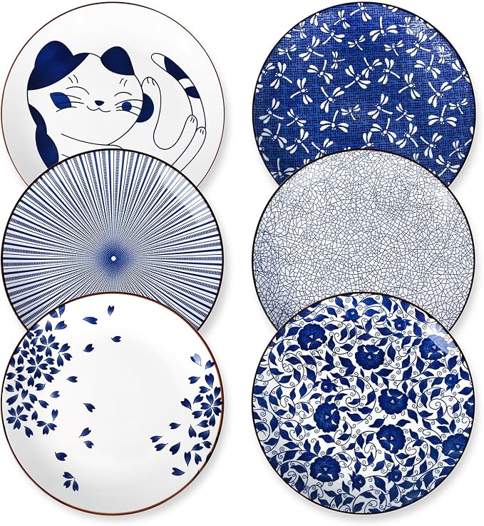 Selamica 10 Inch Kitchen Serving Plates, Large Dessert Plates Ceramic for Salad Pasta Steak, Microwave Dishwasher Safe, Set of 6, Blue