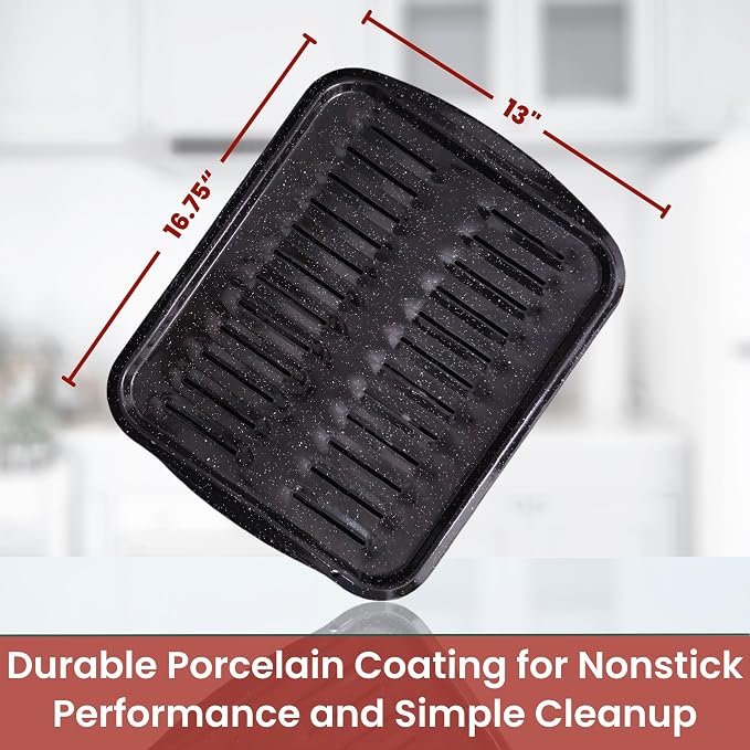 Broiler Pan for Oven Nonstick 16.75” x 13” Porcelain Nonstick Coated - Broiling Pan for Oven Withstands Heat up to 550° F - Heavy Duty Broil Pans and Rack Circulates Heat and Drains Fat (Speckled)