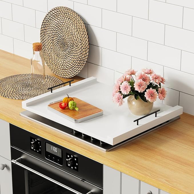 Noodle Board Stove Top Covers - White Wooden Stove Cover with Handles for Gas Burners & Electric Stove - 30 x 22 inches Kitchen Counter Extension