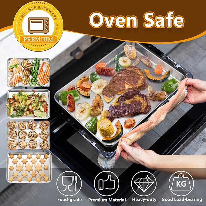 P&P CHEF 16 Inch Baking Sheet with Rack Set, Pans with Flat Racks | 2 Baking Sheets + 2 Cooling Wire Racks, Dishwasher & Oven Safe, Non-toxic & Lasting Use, Fit for Regular Oven