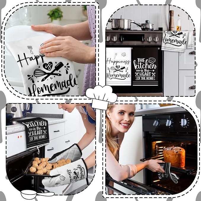 Sratte 6 Pcs Kitchen Decor Accessories Set, Kitchen, White | Farmhouse Kitchen Towels Pot Holders Oven Mitts Set 2 Dish Towels 2 Potholders 2 Cooking Mittens for Baking Cooking Supply