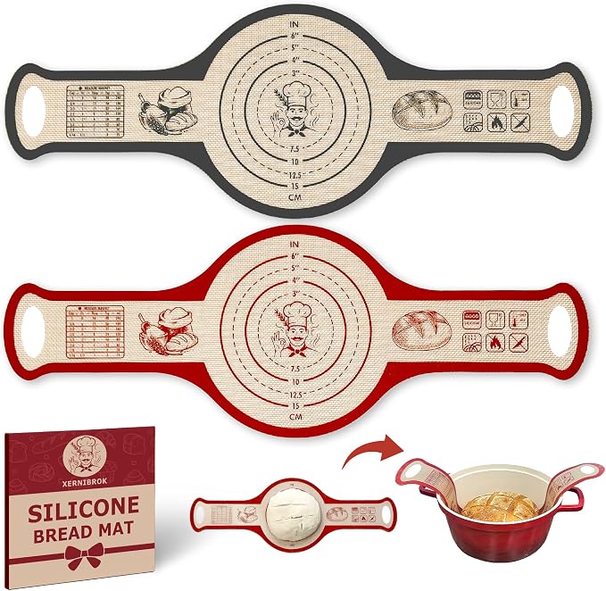 Silicone Bread Sling for Dutch Oven, 2 PCS Non-Stick Reusable Bread Baking Mats with Long Handles, Seamless Design Easy to Transfer Sourdough Sling Silicone Sourdough Sling Dough (Round Red, Gray)