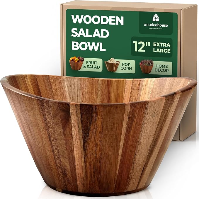 Extra Large Wooden Salad Bowl, Acacia 12" Multi-Purpose Serving Fruit Bowl | Durable wavy handmade design; 6.36 qt; doubles for home decor, storage, candy or yarn on the kitchen counter