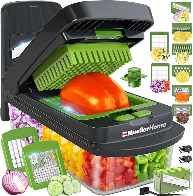 MUELLER HOME Pro-Series 10-in-1 Vegetable Chopper with Container, 8 Blade | Fruit Cutter, Dicer, Tomato Slicer, French Fry Cutter Potato Slicer, Salad Chopper, Gray/Green