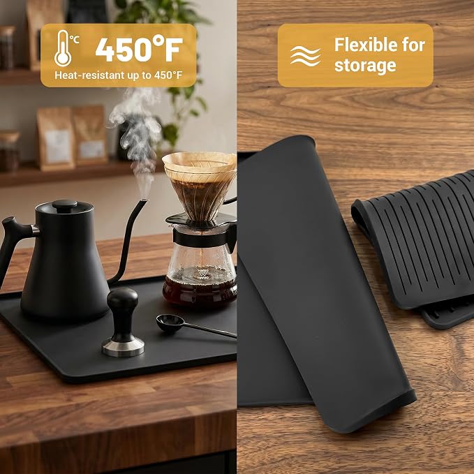 24×16-inch Barista-Grade Coffee Station Mat: Catch Spills, Protect Countertops! Silicone, Water Resistant & Heat Resistant. Perfect Under, as Dish Dryer or Pet Mat. (Black)