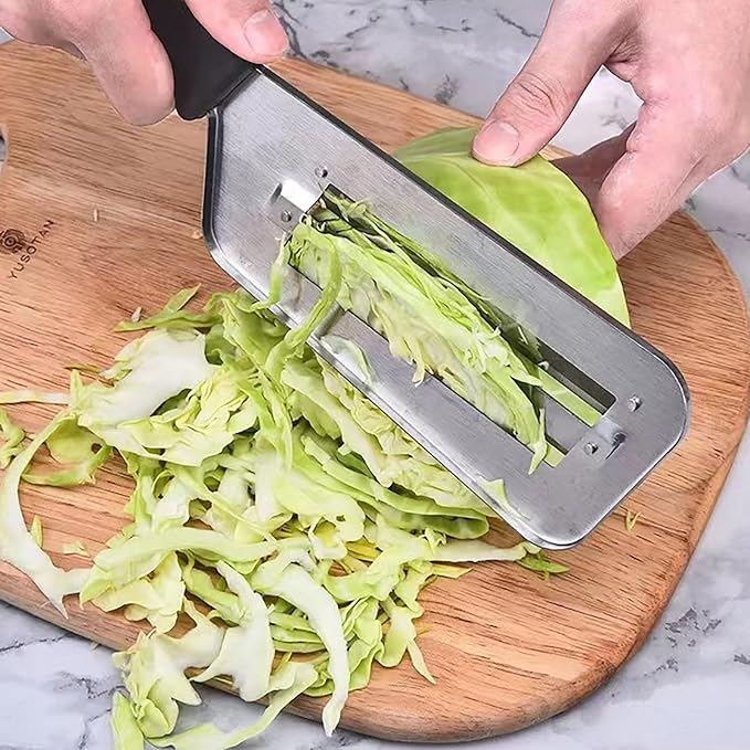 2 Pcs Stainless Steel Vegetable Cutter, Cabbage Shredder, Upgraded Double-Layer Slicer for Sauerkraut, Kitchen Knife with Sharp Blades for Slicing, Grating & Shredding (2 Pcs-Black-Red)