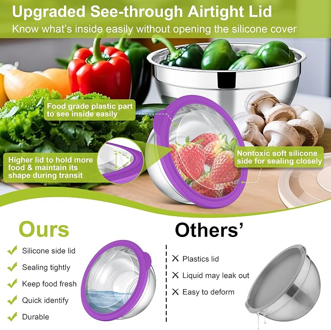 E-far Mixing Bowls with Lids Set of 5, Stainless Steel Salad Mixing Bowl with Transparent Lid, Metal Nesting Storage with 3 Graters for Kitchen Prepping/Serving/Baking, 4.6/2.6/1.5/1/0.7 QT - Colorful