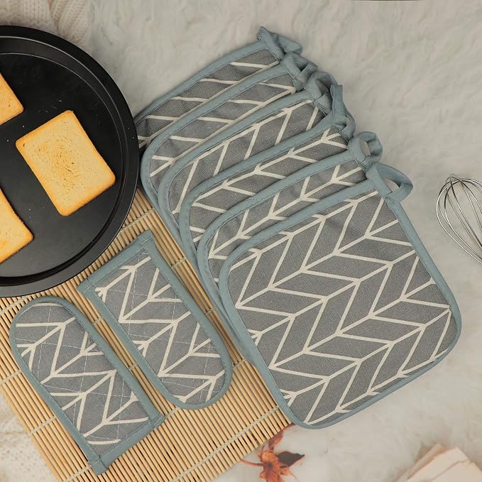 Heat Resistant Potholders Hot Pads-6 Kitchen Pot Holders Set with 2 Pan Hot Handle Holders Trivet for Cooking and Baking,with Recycled Infill Terrycloth Lining(Grey,8 Piece)