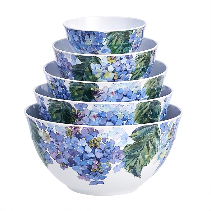 Amazon Basics Mixing Bowls with Lids, Nesting Melamine Serving Bowls, Non-Slip Base, BPA Free, Dishwasher Safe, 5 Sizes, Hydrangea Floral, Set of 10