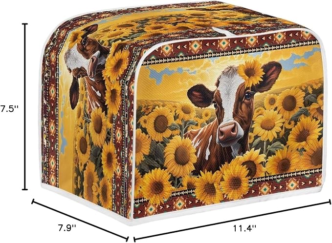 Sunflower Cow Print Toaster Cover for Home Office, Cute 2 Slice Wide Slot Toaster Appliance Cover, Dirtproof Bread Toaster Cover Bakeware Protector, BAX-P58-084