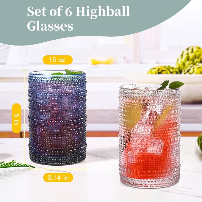 Amber Hobnail Drinking Glasses Set of 6,15 oz Vintage Highball Glasses,Drinkware Kitchen Glasses for Cocktail,Iced Coffee,Beer,Ice Tea,Wine,Whiskey,Water