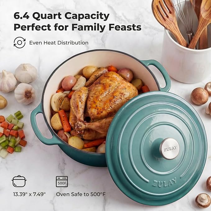 Zulay Kitchen 6.4QT Enameled Cast Iron Dutch Oven Pot with Lid, Heavy-Duty Soup Pot for Stews, Braising, Roasting & Sourdough Bread Baking, Oven Safe up to 500°F - Aventurine
