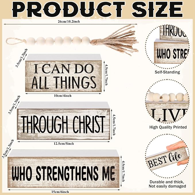 Lineshading 4 Pcs Christian Wood Block Signs, Farmhouse Tiered Tray Decor | Rustic Tabletop Pieces with Beads, Inspirational Bible Verse, God Sign for Home Shelf, I Can Do All Things Through Christ