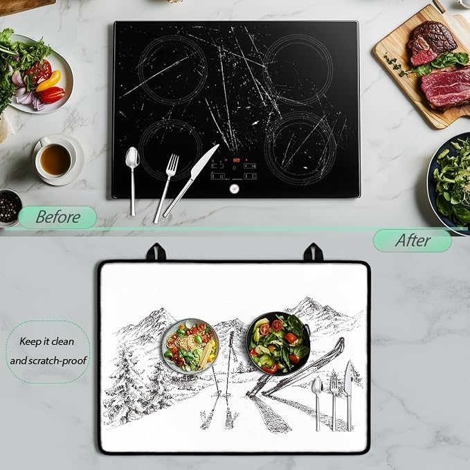 Winter Mountains Panorama Stove Top Covers for Electric Stove, White Sketch Glass Stovetop Cover with Lanyard Snowy Cottage Ski Pattern Countertop Protector Mat for Kitchen 28 x 20 Inch